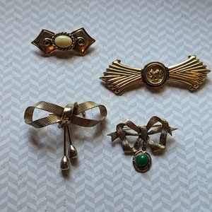 Vintage Brooch Lot 4pcs Gold Tone Bows Cabochon